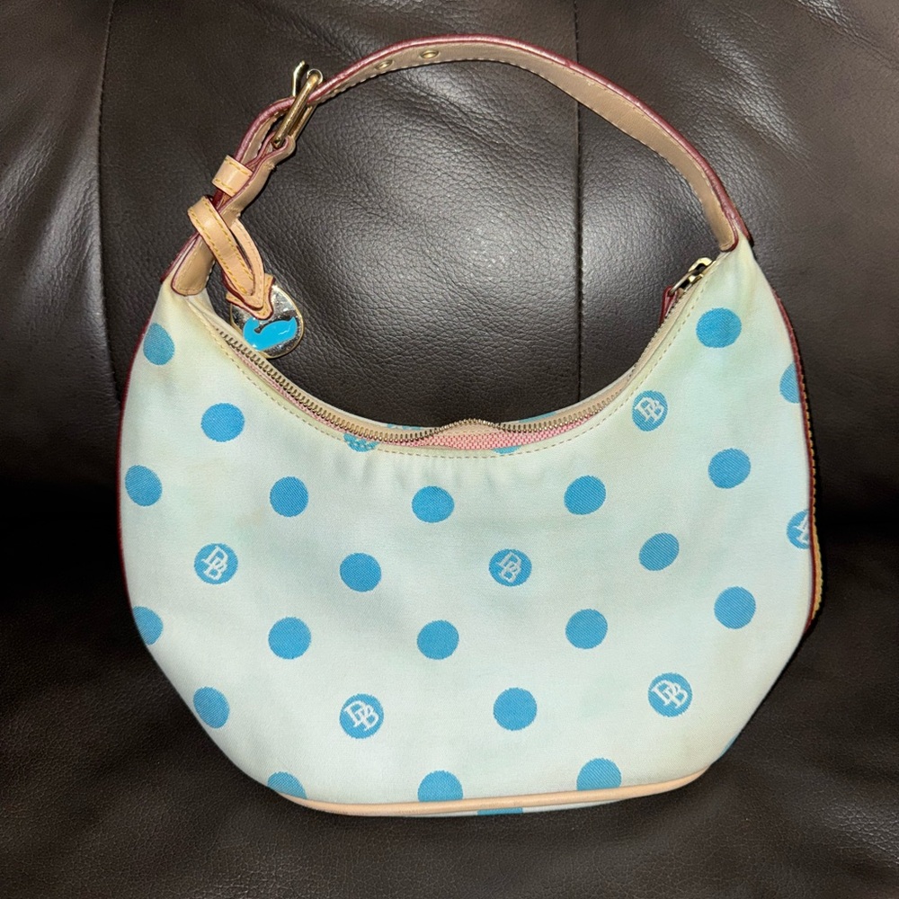 Vtg Dooney & Bourke 90s Y2K Light Blue Signature Logo Polka Dot Crescent Bag